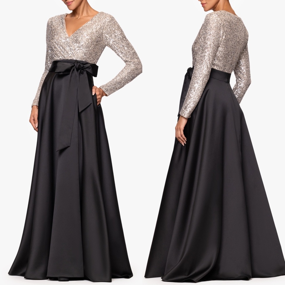 NEW XSCAPE Black & Nude Silver SEQUIN Bodice SATIN Skirt LONG SLEEVE BALLGOWN 16